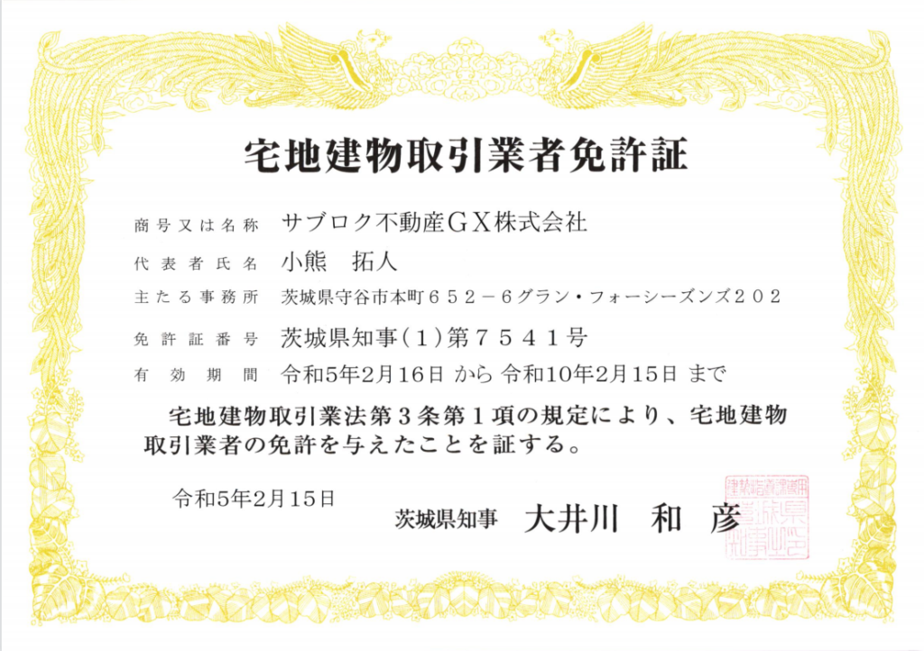 宅地建物取引業者免許証　サブロク不動産GX株式会社